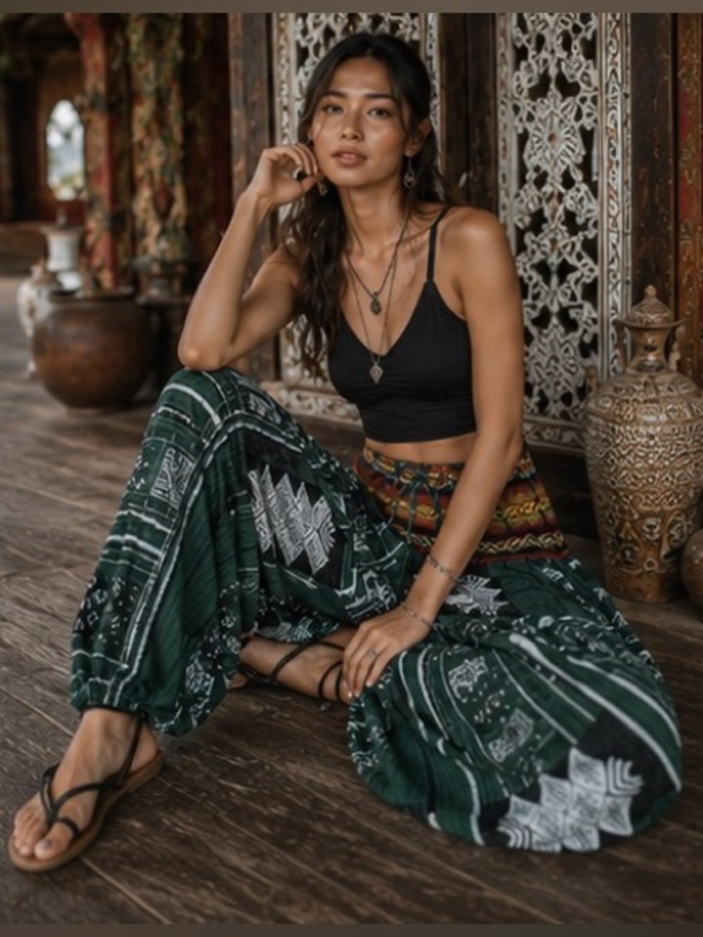 Thai Hill Tribe Handmade Green Harem Unisex Balloon Pants Artisan Woven M - XL